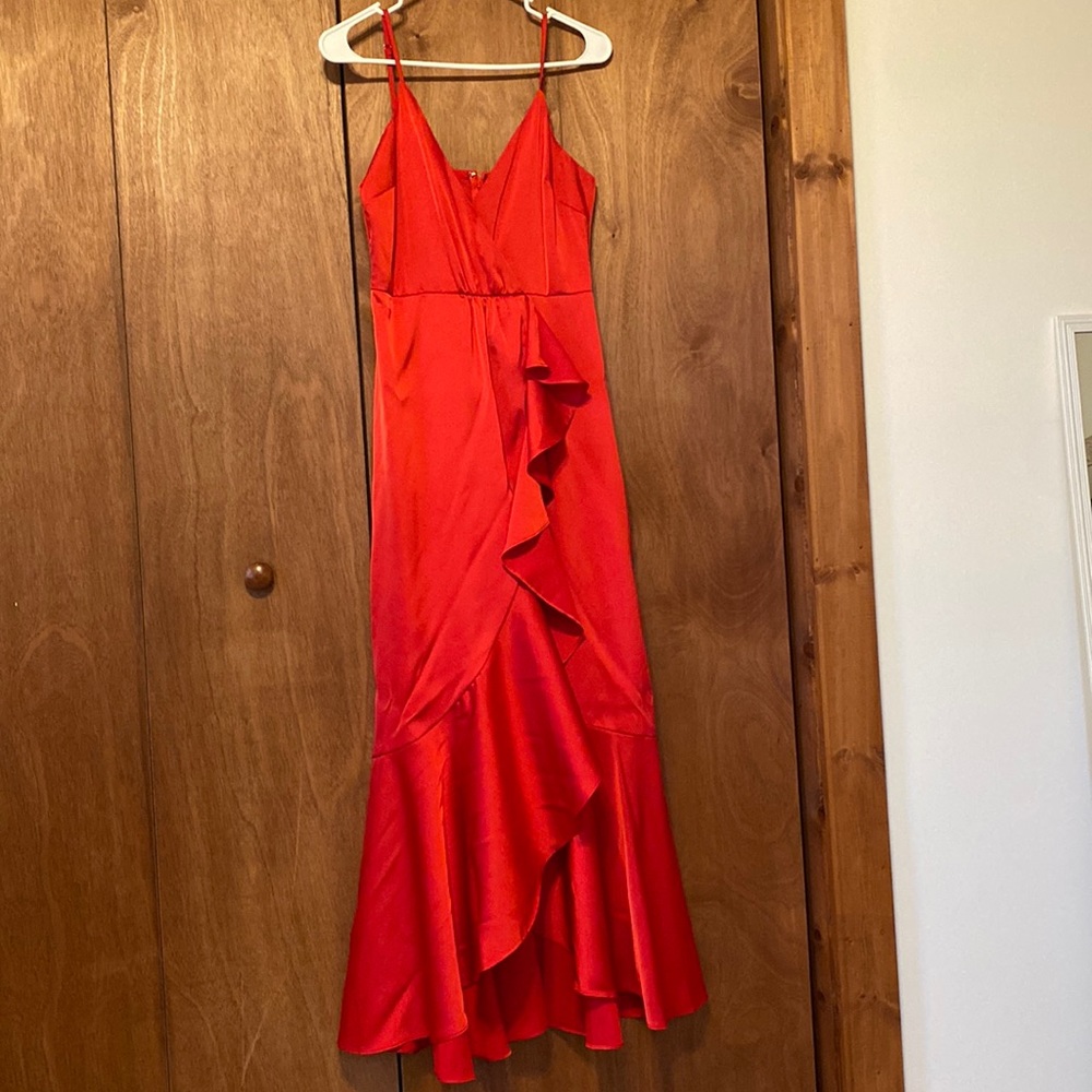 Red satin high to low ruffle dress